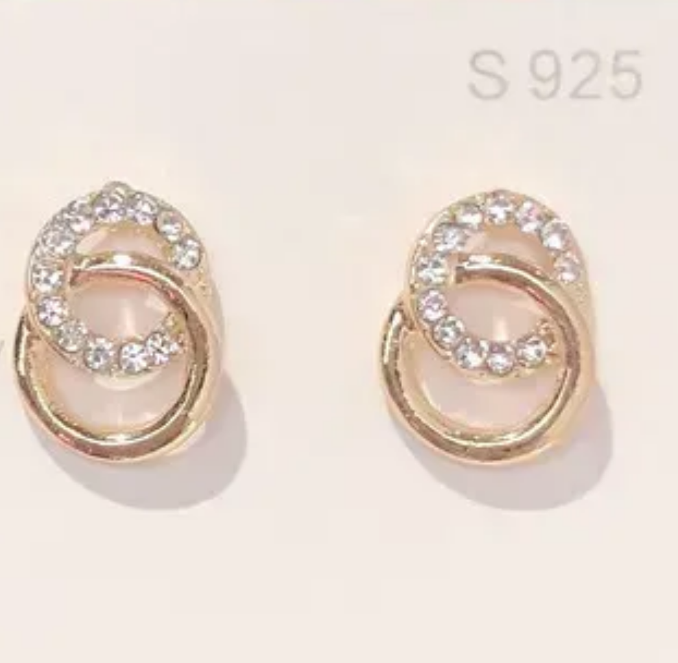 Elegant Double Circle Gold Plated Alloy 925 Silver Post Earrings