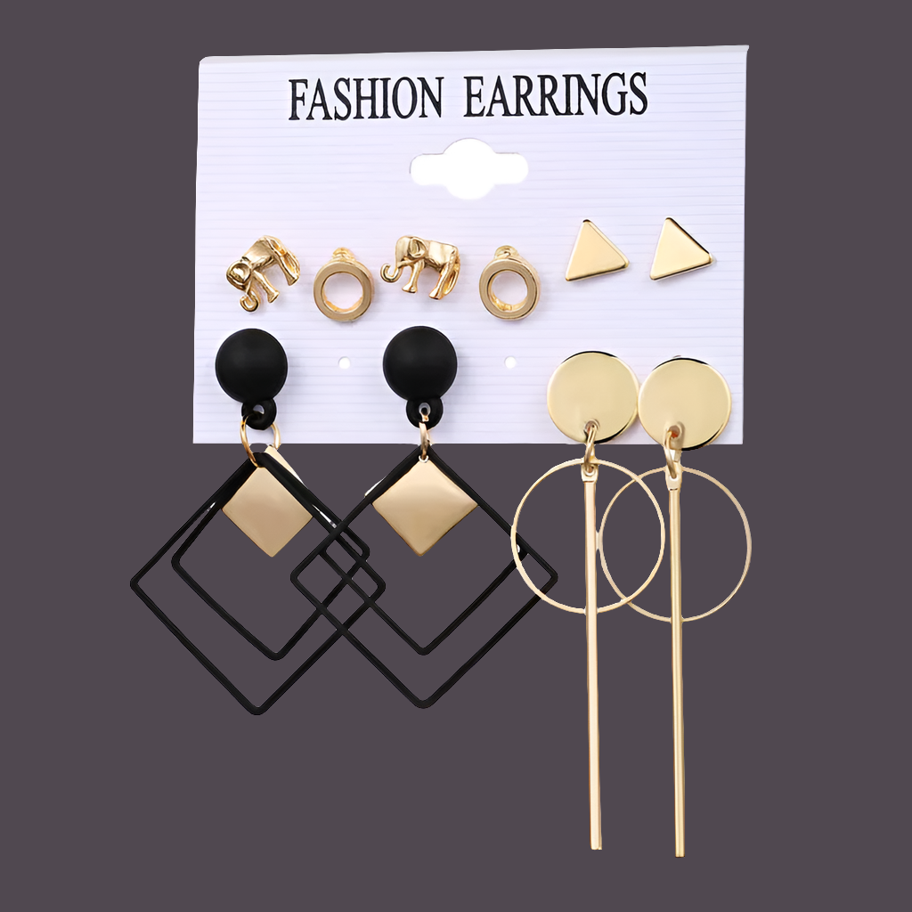 Gold & Black Plated 5 Pair of Earrings Set